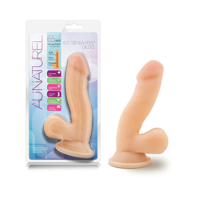 Beige 6.5 inch Au Naturel Sensa Feel dildo with flexible spine and suction cup base shown in packaging and standalone.