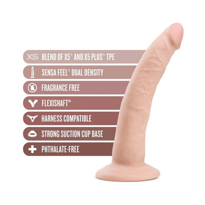 Realistic 7-inch flexible dildo with suction cup base and dual density TPE material, phthalate and fragrance free.