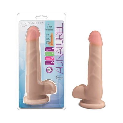 Beige 7-inch realistic dildo with suction cup base shown in packaging and standalone against white background.
