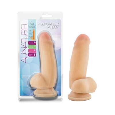 Beige 7-inch realistic dildo with suction base, flexible spine, and dual-density Sensa Feel texture shown in packaging and standalone.