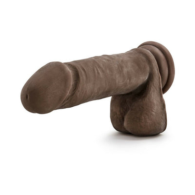 Realistic 8-inch dual density dildo in dark brown with flexible spine and detailed texture for lifelike feel.