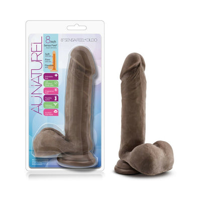 8-inch realistic dual-density brown dildo with flexible spine and suction cup base, shown in packaging and standalone.