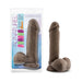 8-inch realistic dual-density brown dildo with flexible spine and suction cup base, shown in packaging and standalone.