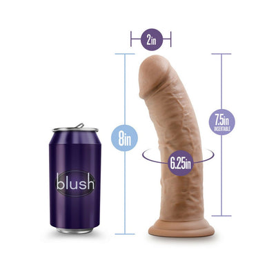 Realistic 8-inch vanilla-colored dildo with suction base shown next to a soda can for size comparison and measurement details.