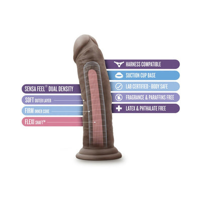 Realistic 8-inch dildo with dual density soft outer layer, firm core, flexible shaft, suction cup base, and harness compatible features.