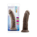 Realistic 8-inch brown dildo with suction cup base and flexible spine, shown with packaging highlighting dual density and body-safe features.