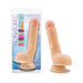 Realistic 9-inch flesh-toned dildo with flexible spine and suction cup base, shown in packaging and standalone.