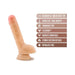 Realistic 9-inch flesh-toned dildo with suction cup base and key features listed including dual density and harness compatibility.
