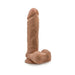 Realistic 9.5 inch flesh-toned dildo with textured surface and suction cup base for hands-free use.