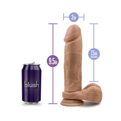Realistic 9.5 inch dildo with suction cup and 2 inch diameter next to a purple can for size comparison.