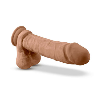 Realistic 9.5 inch dildo with suction cup base in natural skin tone, featuring detailed texture and flexible design.