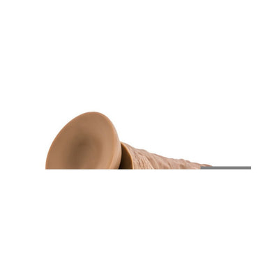 Mocha-colored 9-inch realistic dildo with suction cup base and textured surface lying horizontally on white background.