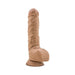 Realistic mocha-colored 9-inch dildo with textured surface and suction cup base standing upright on white background.