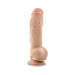 Realistic vanilla-colored dual density dildo with suction cup base standing upright on white background.