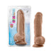 Mocha-colored realistic 10-inch dildo with suction cup base, displayed in and out of packaging.