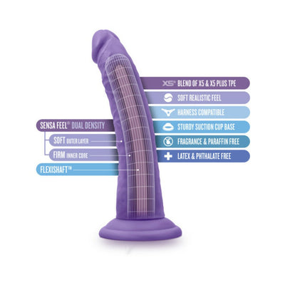 Purple Au Naturel Bold Jack dildo with dual density, FlexiShaft technology, suction cup base, and harness compatibility features.