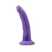 Purple realistic textured dildo with curved shaft and suction cup base standing upright on white background.