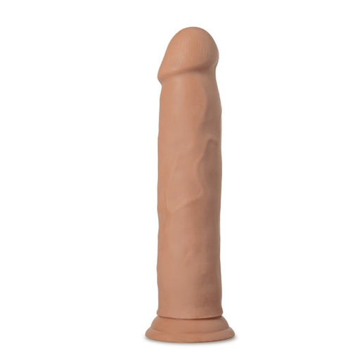 Realistic mocha-colored 9-inch flexible adult toy with suction cup base, detailed texture, and tapered head.