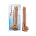 Mocha-colored 14-inch realistic dildo with suction cup base displayed next to its retail packaging.