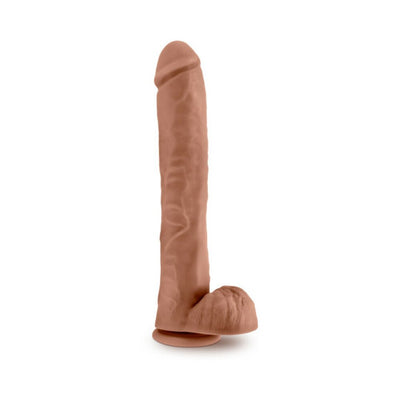 Mocha-colored 14-inch realistic dildo with textured surface and suction cup base standing upright on white background.