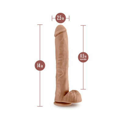 Mocha 14-inch realistic dildo with 2.5-inch width and suction cup base, featuring detailed texture and 11.5-inch insertable length.