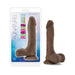 Blush Au Naturel Mister Perfect realistic brown silicone dildo with suction cup base and flexible spine shown in packaging and standalone.