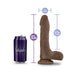 Blush Au Naturel Mister Perfect dildo in brown with size measurements next to a purple can for scale.