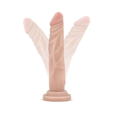 Flexible beige dildo with realistic texture and suction base shown in multiple positions on white background.