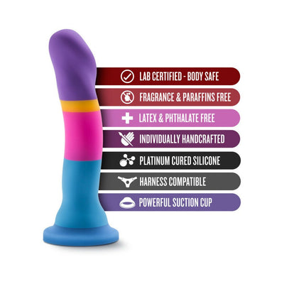 Blush Avant D1 silicone dildo in purple, pink, blue with suction cup and key safety and feature icons.