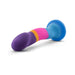 Colorful silicone dildo with curved design and suction cup base in purple, pink, blue, and yellow accents.