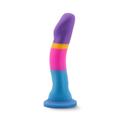 Colorful silicone dildo with curved design and suction cup base in purple, yellow, pink, and blue segments.