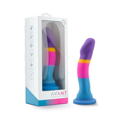 Colorful silicone dildo with curved design and suction base next to its white and blue Avant branded packaging.