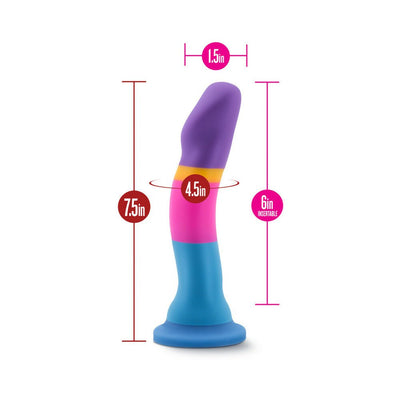 Colorful silicone dildo with curved head, suction base, and size measurements displayed on a white background.