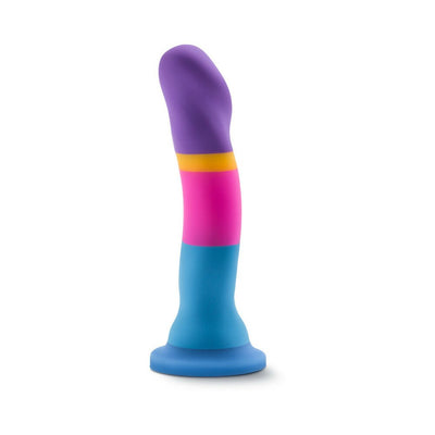 Colorful silicone dildo with curved purple tip, yellow accent, pink midsection, and blue base with suction cup.