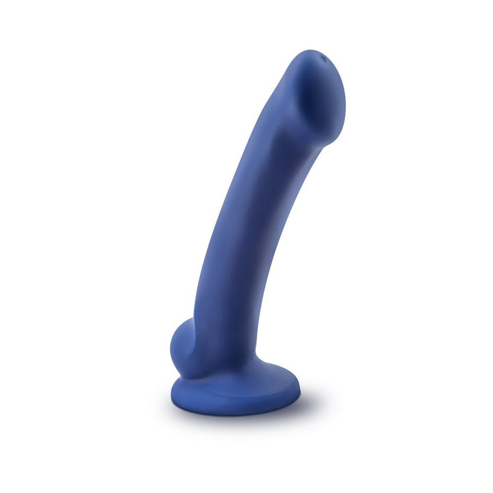 Curved indigo silicone toy with firm core and soft texture, designed for targeted G-spot stimulation and easy cleaning.