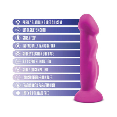 Purple Avant D11 Suko Violet toy with suction cup base and list of key features on a white background.