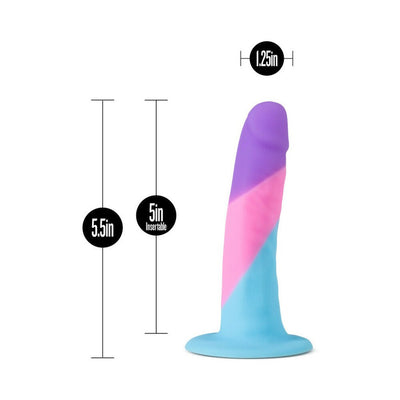 Colorful silicone toy with purple, pink, and blue sections, measuring 5.5 inches long and 1.25 inches wide.