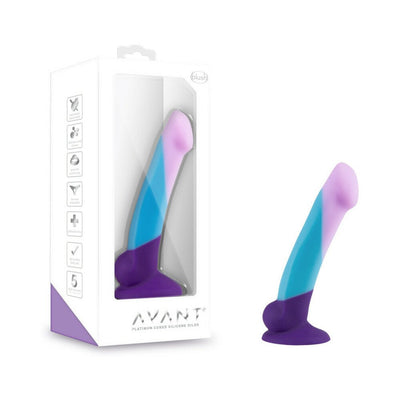 Avant D16 Purple Haze artisanal silicone dildo with a curved design and vibrant purple, blue, and pink colors next to its packaging.