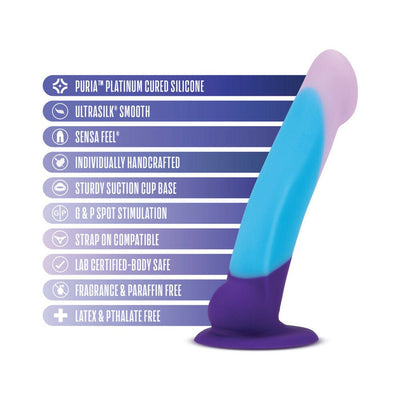 Avant D16 Purple Haze artisanal silicone toy with suction cup base and smooth, handcrafted design in purple, blue, and lavender colors.