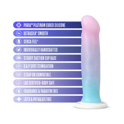 Pink to blue gradient silicone dildo with suction cup base and key product features listed alongside.