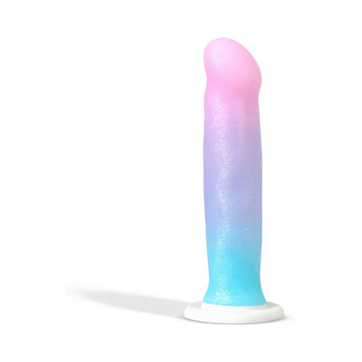 Blush Avant D17 Lucky dildo in pink, purple, and blue gradient with a white suction base on a white background.