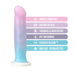 Pink to blue gradient silicone toy with suction cup base and features listed including waterproof and body-safe materials.