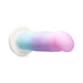 Blush Avant D17 Lucky dildo in pastel pink, purple, and blue with a white suction base on a white background.