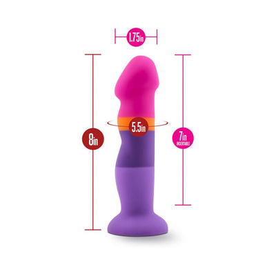 Avant D3 Summer Fling dildo in pink and purple with size dimensions and suction cup base shown.