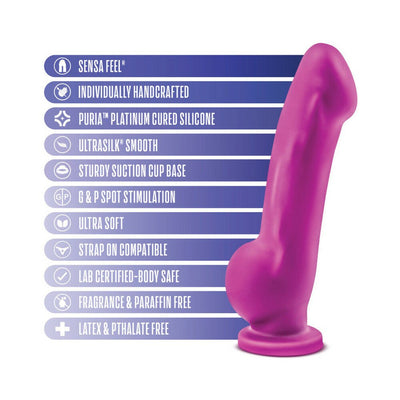 Purple Avant D7 Ergo dildo with suction cup base and list of features including handcrafted, body-safe silicone, and G & P spot stimulation.