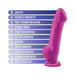 Purple Avant D7 Ergo dildo with suction cup base and list of features including handcrafted, body-safe silicone, and G & P spot stimulation.