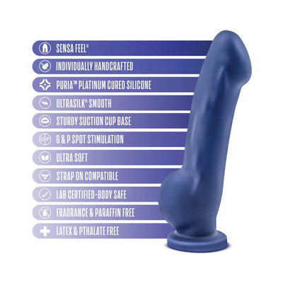 Indigo silicone dildo with suction cup base and ergonomic design, highlighting handcrafted, body-safe, ultra-soft features.