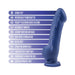 Indigo silicone dildo with suction cup base and ergonomic design, highlighting handcrafted, body-safe, ultra-soft features.