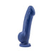 Ergonomic indigo silicone dildo with realistic shape and smooth matte finish on white background.