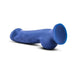 Blue silicone dildo with ergonomic shape and suction base, designed for comfort and realistic feel.